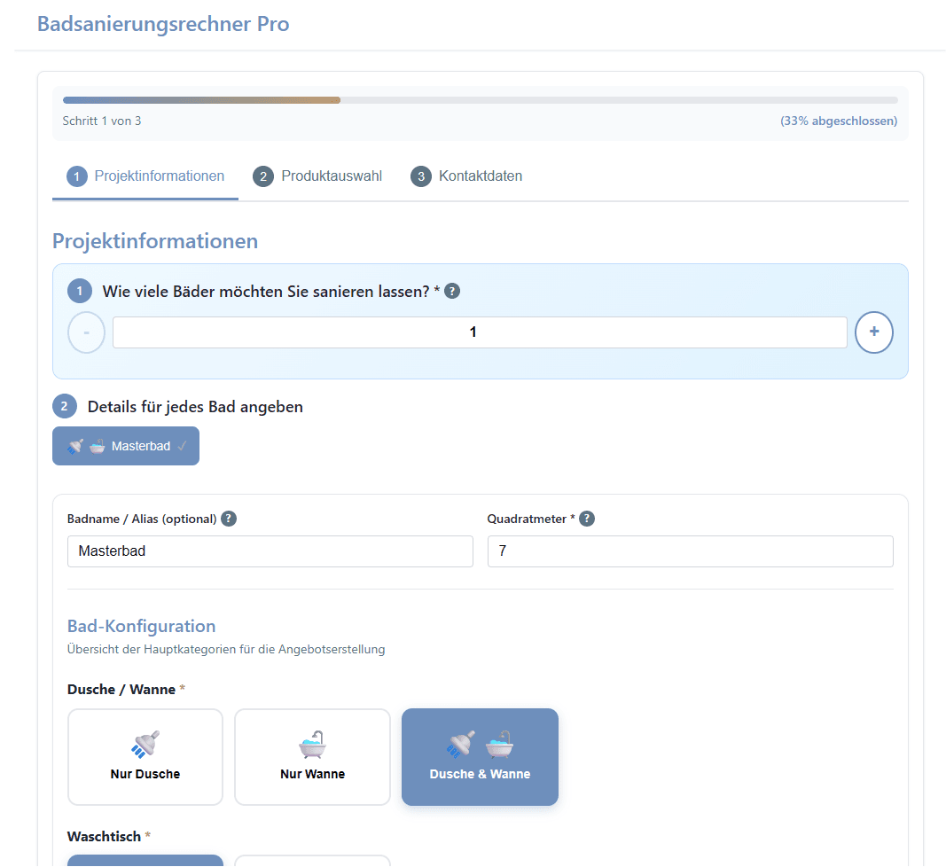 Badsanierungsrechner — Schritt 1: Projektinformationen mit Bad-Konfiguration